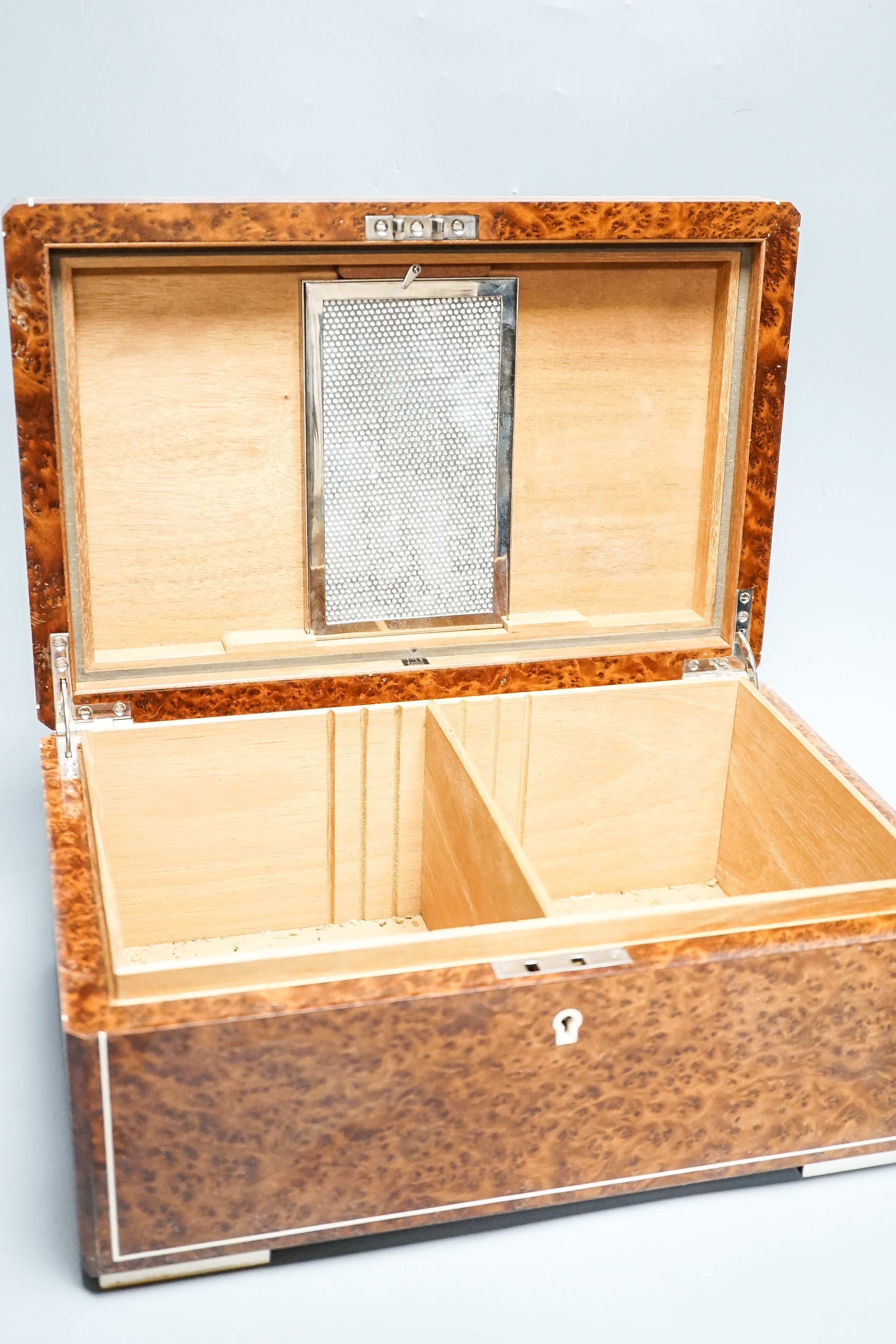 A Dunhill burr thuyawood humidor, with line inlay 36cm